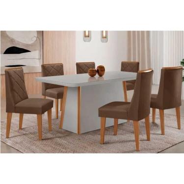 Imagem de Conjunto Sala de Jantar Tilia c/ Tampo Madeirado c/ Vidro Canto Curvo 180x90cm e 6 Cadeiras Pietá Madeira Maciça Naturale/Off White - Capuccino/Suede 