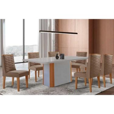 Imagem de Conjunto Sala de Jantar Pietá c/ Tampo Madeirado c/ Vidro Canto Curvo 180x90cm e 6 Cadeiras Dafne Madeira Maciça Naturale/Off White - Capuccino/Suede 