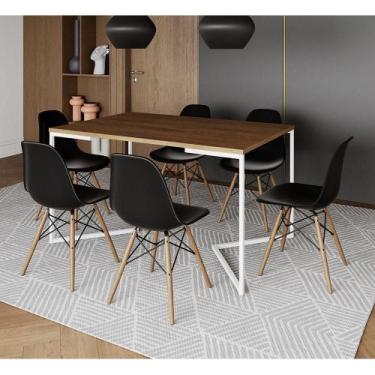 Imagem de Mesa Jantar Industrial Retangular Amêndoa 137X90Cm Base V Ferro Branco