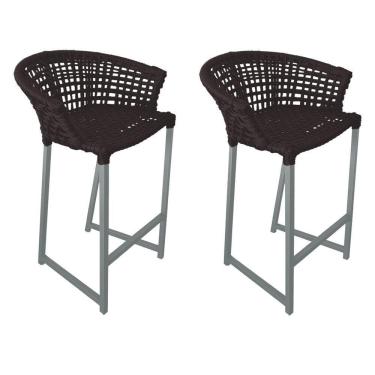 Imagem de Kit 2 Banquetas Reis Em Corda Náutica E Base Em Alumínio Cinza Para área Gourmet Externa Marrom