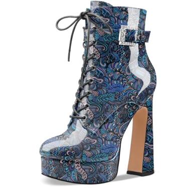 Imagem de Perisis Bota feminina preta de cano curto plataforma com cadarço salto alto grosso fechado bico redondo com zíper lateral e fivela de alça para mulheres sexy e fofas, Patente de flor azul, 35