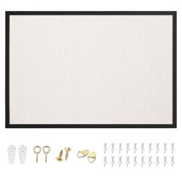 Imagem de OWLKELA Quadro de avisos de linho de 61 cm x 91 cm, quadro de cortiça emoldurado preto, quadro de cortiça de linho com moldura de carvalho preto, quadro de visão e quadro decorativo para pendurar