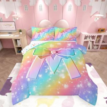 Imagem de Feelyou Conjunto de edredom infantil colorido com arco-íris, tamanho solteiro, presente personalizado para crianças, meninas, conjunto de cama fofo com laço e nó de coquete, edredom para quarto