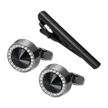 Imagem de PATIKIL Conjunto de abotoaduras de cristal e prendedor de gravata, abotoaduras masculinas de strass redondo e clipes de gravata com caixa para homens, Preto, tamanho �nico