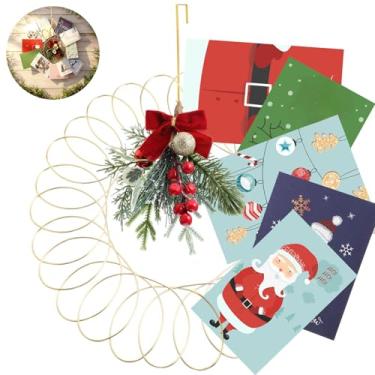 Imagem de MorningRo Conjunto de porta-cartões de Natal, espiral de metal, guirlanda de cartão de 38 cm, laço de arame, exibição de fotos de saudação de Natal com laço vermelho, decoração de Natal para porta da
