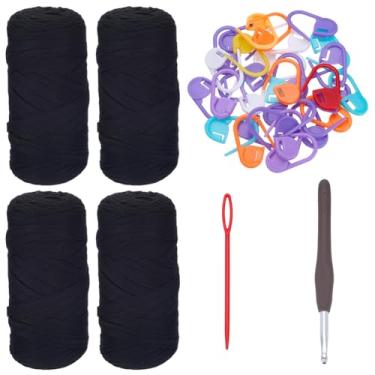 Imagem de FREEBLOSS 4 rolos de fio de camiseta preta 800 g/300 jardas elástico para sacos de crochê, cestas, chinelos, porta-copos com marcadores de gancho de crochê e agulha de plástico