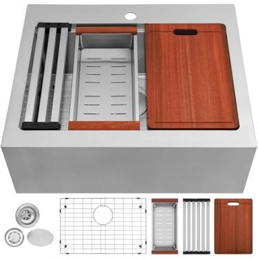 Imagem de YetCrest Pia de cozinha de fazenda, avental de casa de fazenda, pia frontal, pias de cozinha de tigela única, pias de aço inoxidável com borda e acessórios (aço inoxidável, 76 x 56 cm)