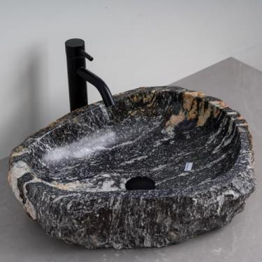 Imagem de MIDUSO Pia de embarcação de pedra irregular 100% feita à mão; pia de pedra real; pia de embarcação exclusiva; acima do balcão; pia de rocha de rio; banheiros rústicos de pias; Irre RiverStone 336
