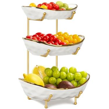 Imagem de OdoVow Tigela de frutas de cerâmica para balcão de cozinha - cesta de frutas de 3 camadas com suporte de metal, suporte de frutas em camadas para bancada, lanche, nozes, bolo, sobremesa, pequeno e