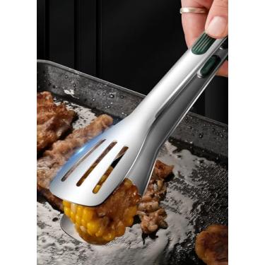 Imagem de Pinça de churrasco 304 aço inoxidável resistente para alimentos pinças de gelo duráveis acessórios de cozinha grampos para servir ferramentas de restaurante antiderrapante verde prata grande 3