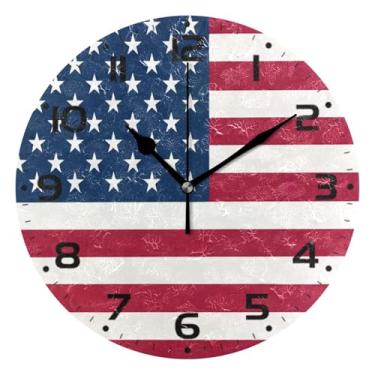 Imagem de JUZIHAI Relógio de parede com bandeira americana, silencioso, redondo, sem tique-taque, operado por bateria, fácil de ler, relógio decorativo de parede para casa, cozinha, sala de estar, quarto