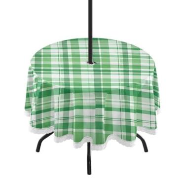 Imagem de Qilmy Toalha de mesa redonda impermeável com estampa de guingão verde de 152 cm com orifício para guarda-chuva e zíper – uso externo / interno resistente para pátio, churrascos, piqueniques, festas
