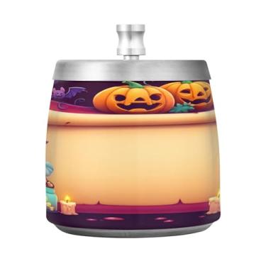 Imagem de Qilmy Cinzeiro de aço inoxidável padrão de Halloween com tampa - Cinzeiro de cigarro à prova de vento sem cheiro sem fumaça para casa, escritório, carro, pátio, varanda (uso interno e externo)