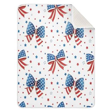 Imagem de Qilmy Cobertor de bebê com laço patriótico americano 76 x 101 cm, cobertor infantil de algodão macio para meninos e meninas, cobertor leve e quente para bebês de berço, carrinho de bebê, soneca