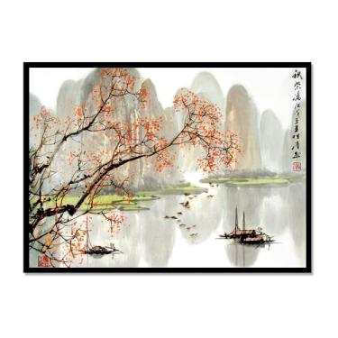 Imagem de Arte de cenário japonês, impressão floral, pintura a tinta, barco, pássaro, pôsteres em tela, decoração asiática, arte de parede japonesa para decoração de sala de estar e quarto (SKU4,12 x 40,6 cm =
