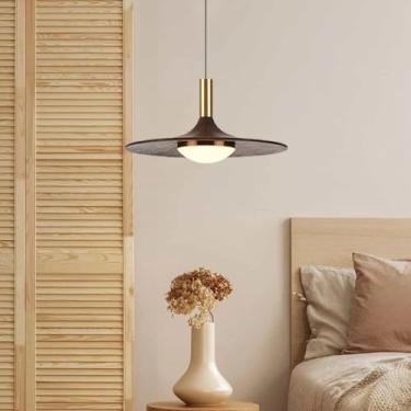 Imagem de Lustre de madeira com LED, estilo antigo, para cabeceira, luminária pendente retrô, simples, pequena, com luz quente e altura ajustável, ideal para restaurantes, quartos, corredores, entrada