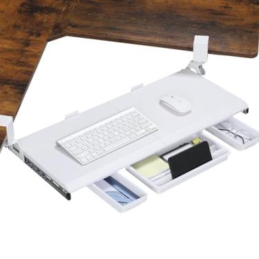 Imagem de ETHU Bandeja de teclado sob a mesa, bandeja ergonômica para teclado de canto com grampo C ajustável de 180° para mesa em forma de L 68 x 31 cm, fácil de instalar, suporte de teclado de computador para