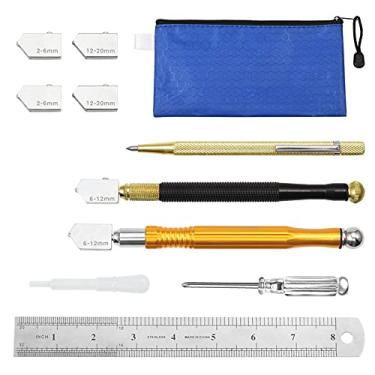 Imagem de Conjunto de ferramentas de corte de vidro, 2 cortadores de vidro estilo lápis, 4 lâminas extras de 2 mm a 20 mm, conta-gotas de óleo, caneta de gravação de tungstênio, chave de fenda, régua de aço com