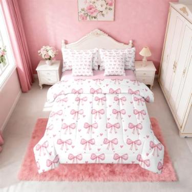Imagem de Erosebridal Jogo de cama casal com laço rosa em uma bolsa, conjunto de edredom com laço rosa sonhador princesa sonhadora, decoração de quarto kawaii, 7 peças, conjunto de cama com laço e coração