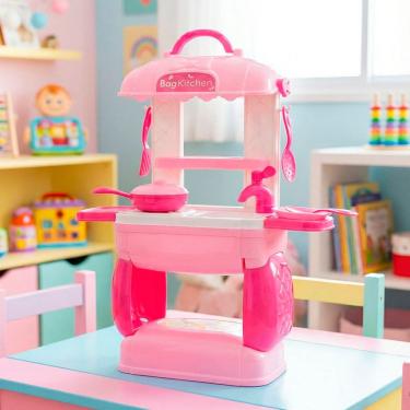 Imagem de Brinquedo Maleta Cozinha Montada Rosa Infantil Kit 18pç 50cm