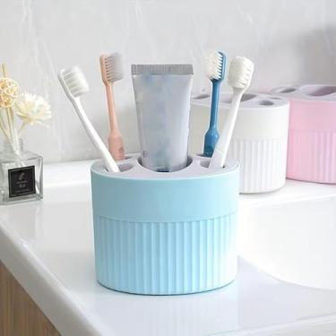 Imagem de Conjunto moderno de suporte de escova de dentes e pasta de dente de plástico com 4 compartimentos, organizador independente de escova de dentes para acessórios de banheiro, azul