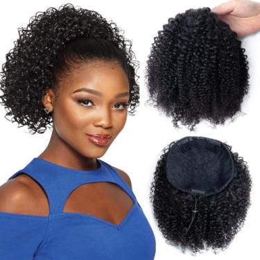 Imagem de VADES Extensão de rabo de cavalo encaracolado para mulheres negras com cordão cabelo humano 100% cabelo humano virgem brasileiro afro puff rabo de cavalo #1B cor preta natural 25,4 cm com 3 pentes