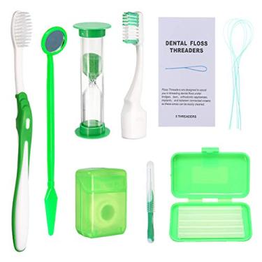 Imagem de Kit de limpeza de aparelhos para dentes, kit de escova de dentes ortodôntica portátil, kit de viagem dentária para cuidados bucais – escova interdental, cera, fio dental, caixa de escova de dentes (verde)