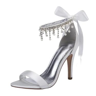 Imagem de Sandália feminina com pingente de strass salto prateado cetim noiva vestido festa noite sapatos 10,5 cm sapatos de trabalho, Marfim, 9