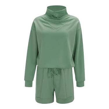 Imagem de Conjunto de 2 fatos de treino casual feminino primavera manga longa gola rolê top e cintura alta elástico curto com bolso, Verde, M