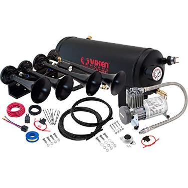 Imagem de Vixen Horns Kit de buzina de trem para caminhões/carros/semi. Sistema integrado completo - compressor de ar de 150psi, tanque de 1,5 galão, 4 trompetas. Super alto dB. Serve para veículos como picape