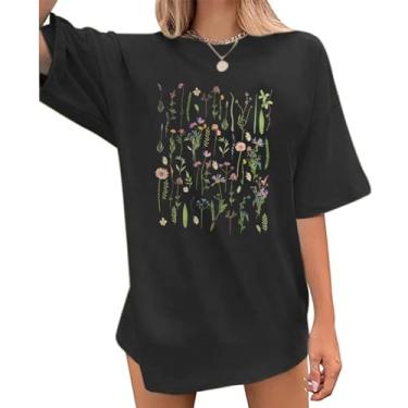 Imagem de Wrenpies Camiseta feminina com estampa floral boêmia, vintage, flores silvestres, cottagecore, jardins, amantes do jardim, B - preto, XXG