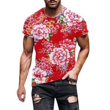 Imagem de Camiseta masculina de verão manga curta estampa floral gola redonda camiseta casual floral camiseta túnica, rosa, M