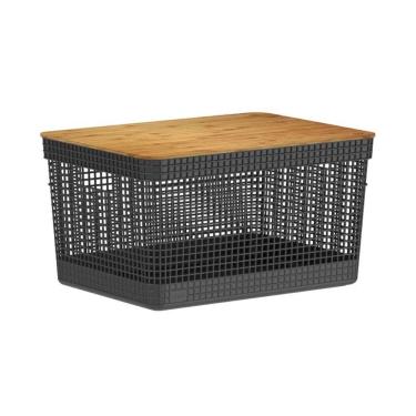 Imagem de Cesto Organizador Grid Preto 20 L com Tampa de Bambu 39 x 29 x 22,6 cm