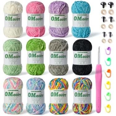 Imagem de Pacote com 12 fios de chenille de pelúcia multicoloridos, fio de veludo para bebê para crochê macio, (1200 g/42,3 onças, 1440 m/1574 jardas, conjunto de fios de crochê amigurumi fofos B