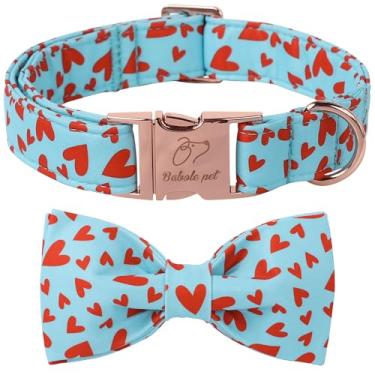 Imagem de Babole Pet Coleira de Dia dos Namorados com laço - Gravata borboleta azul com estampa de coração vermelho, ajustável, resistente, para cães pequenos, médios e grandes, G