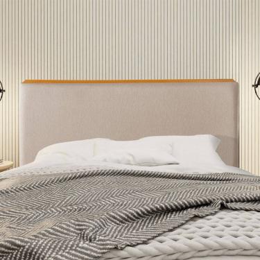 Imagem de Cabeceira Cama Box King 1,93m Estofada Detalhe em Madeira Java Linho Bege