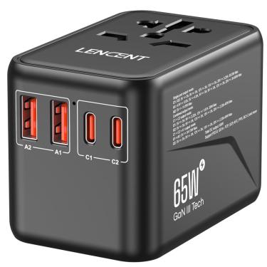 Imagem de Adaptador de viagem universal lencent GaN3 65W com 2 usb-a + 2 Type-C