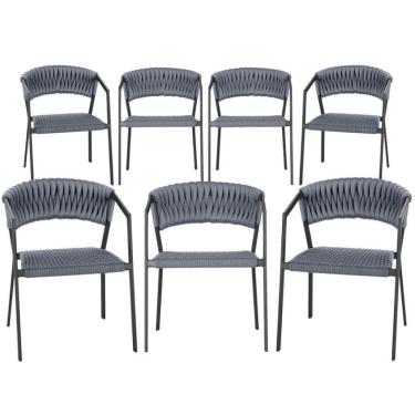 Imagem de 7 Cadeiras Atenas Tricô Náutico E Alumínio Proteção Uv Preta Prata