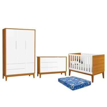 Imagem de Dormitório Infantil Classic 3 Portas, Cômoda 1 Porta, Berço com Pés Amadeirado e Colchão - Reller Móveis Branco/Savana