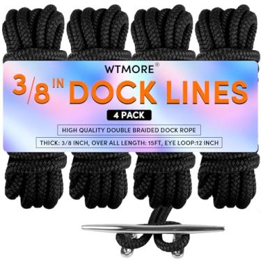 Imagem de Linhas de doca cordas de barco para ancoragem 3/20.3 cm x 15' Linhas de doca trançadas duplas para barcos com laço, linhas de barco de corda de barco, preto pacote com 4