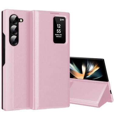 Imagem de Capa para Samsung Galaxy Z Fold 4 com tela pequena inteligente, S-View, capa carteira para celular Samsung Fold 4, capa protetora de couro flip inteligente para Samsung Z Fold4 rosa
