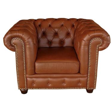 Imagem de Poltrona Chesterfield com Pés Madeira Couro Conhaque Brilho