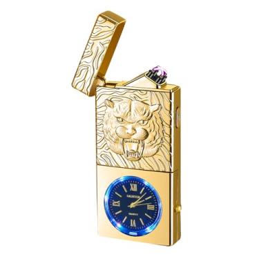 Imagem de Isqueiro elétrico recarregável por USB, isqueiros de arco duplo de plasma à prova de vento, sem chama, com indicação de bateria LED para velas, bastão de incenso, acampamento ao ar livre (ouro, tigre)