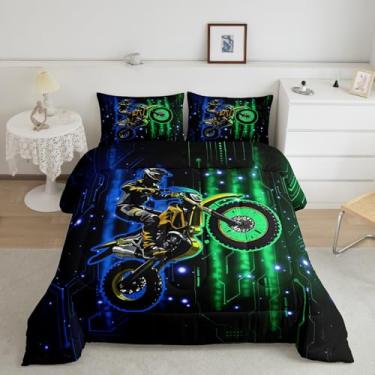 Imagem de meiyoeat Conjunto de edredom infantil de motocross, corrida, motocross, esportes radicais, respirável, azul, verde, para decoração de quarto