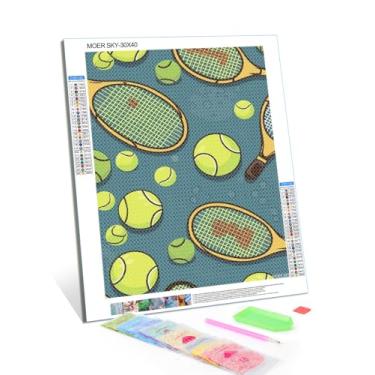 Imagem de Raquetes de tênis engraçadas e bolas de tênis, pintura artística com diamantes, 30,5 x 40,6 cm, 5D, faça-você-mesmo, kits de pintura de diamante para adultos com brocas redondas completas para