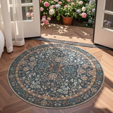Imagem de jinchan Zenith Tapete redondo de 1,2 m, macio, 1,2 m, redondo, floral, estetico, antiderrapante, lavável, na máquina, para entrada, quarto, cozinha, faculdade, dormitório, azul escuro