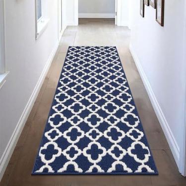Imagem de U'Artlines Tapete de corredor para corredor 6 × 1,8 m antiderrapante tapete de chão de cozinha corredor padrão geométrico azul lavável à máquina tapete de área para entrada de banheiro