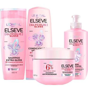 Imagem de Kit Shampoo Elseve Glycolic Gloss, Condicionador Elseve Glycolic Gloss, Creme Para Pentear Elseve Glycolic Gloss e Creme De Tratamento
