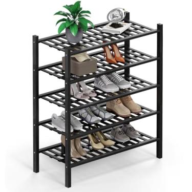 Imagem de Haddockway Organizador de armazenamento de sapatos de bambu de 5 níveis, prateleira empilhável multifuncional com painel de grade para armário, corredor, entrada, espaço pequeno 68 x 28 x 81 cm (preto