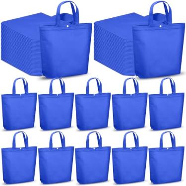 Imagem de Paterr 100 sacos de supermercado reutilizáveis a granel não tecido portátil com alça sacola de compras bolsa de presente dobrável com botão (azul escuro, 38 x 32 x 9 cm)